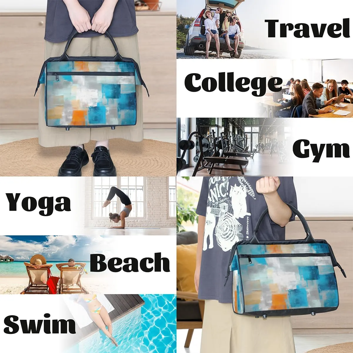 Orange Blue Abstract Oil Painting Travel Duffle Bag, Waterproof Duffel Bag Weekender Overnight Carry On Bag Lightweight Sport Gym Bag for Men Women