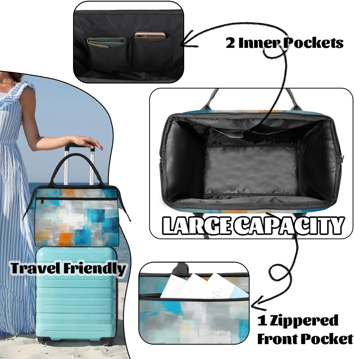 Orange Blue Abstract Oil Painting Travel Duffle Bag, Waterproof Duffel Bag Weekender Overnight Carry On Bag Lightweight Sport Gym Bag for Men Women