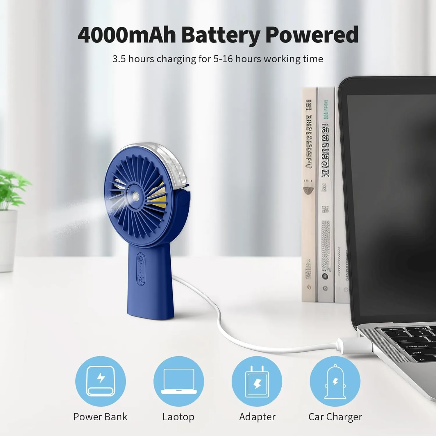 Otlonpe Handheld Misting Fan Portable, 4000mAh Rechargeable Small Personal Water Spray Hand Held Mist Fan Battery Operated, 90° Rotatable, Power Bank for Travel Home Office Men Women Kids (Blue)
