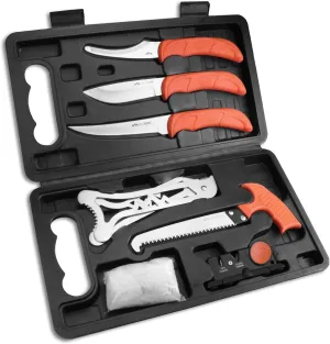 OUTDOOR EDGE JaegerPak 8-Piece Hunting Knife Set & Field Dressing Kit | Full-Tang Skinning Knife, Gutting & Boning Knives, Sharpener, Bone Saw, Rib Spreader | Hard Case | Hunting Accessories for Men
