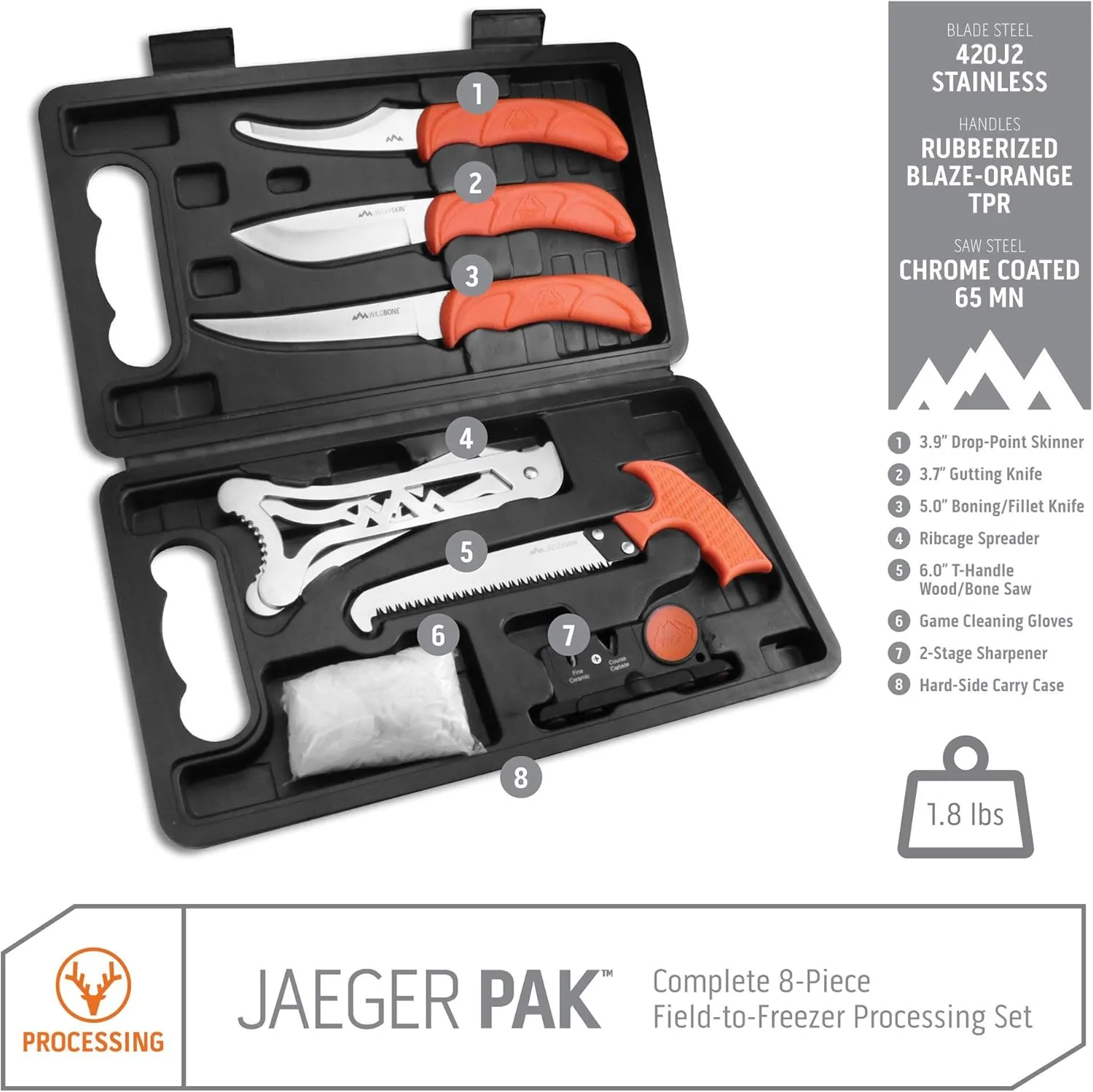 OUTDOOR EDGE JaegerPak 8-Piece Hunting Knife Set & Field Dressing Kit | Full-Tang Skinning Knife, Gutting & Boning Knives, Sharpener, Bone Saw, Rib Spreader | Hard Case | Hunting Accessories for Men
