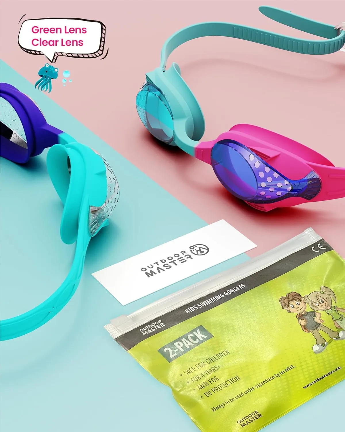 OutdoorMaster Kids Swim Goggles 2 Pack - Quick Adjustable Strap Swimming Goggles for Kids