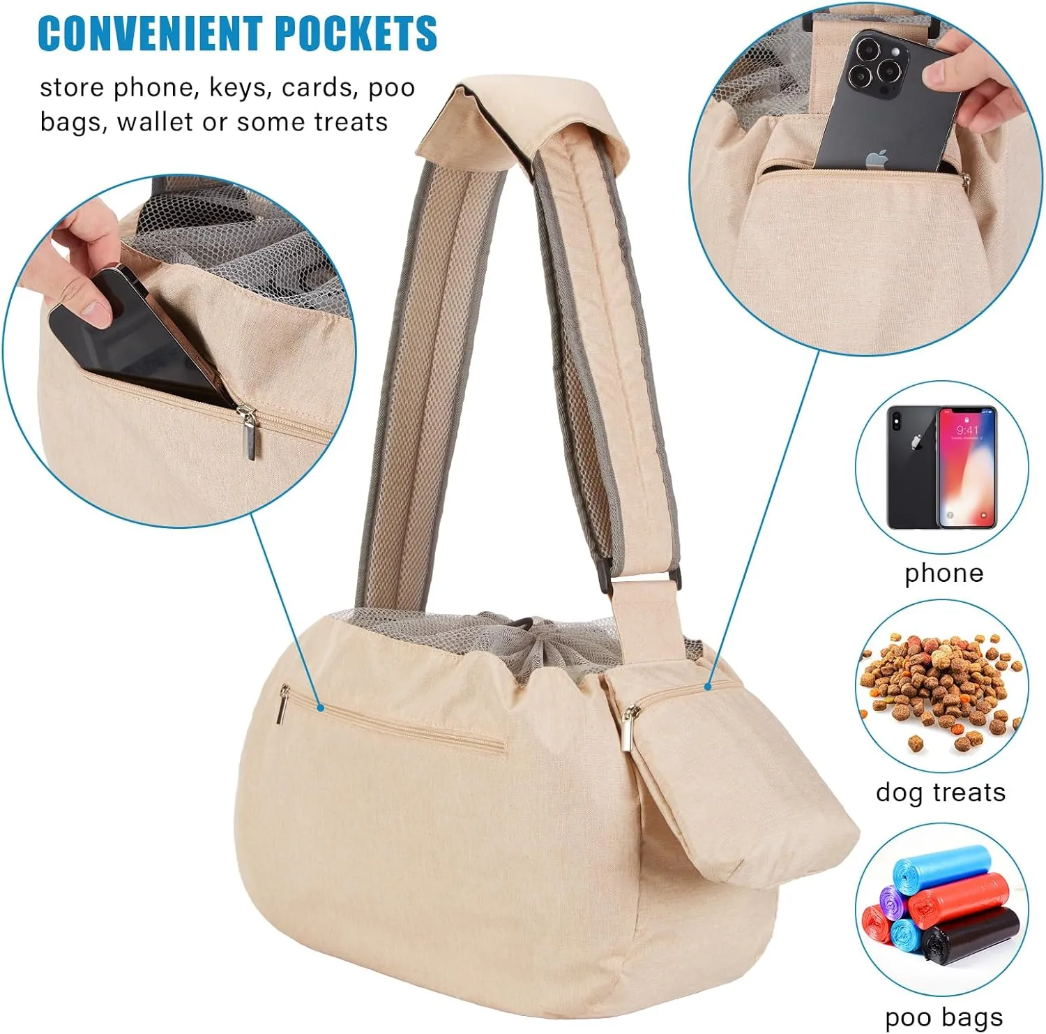 Ownpets Pet Sling Carrier, Fits 15 to 20lbs Extra-Large Dog/Cat Sling Carrier Reversible and Hands-Free Dog Bag with Adjustable Strap and Pocket Shoulder Pad, Beige