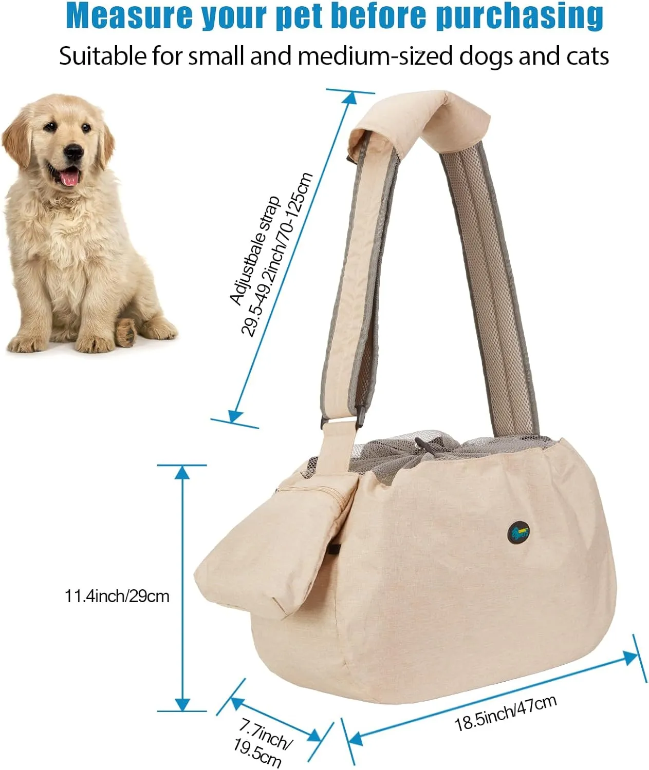 Ownpets Pet Sling Carrier, Fits 15 to 20lbs Extra-Large Dog/Cat Sling Carrier Reversible and Hands-Free Dog Bag with Adjustable Strap and Pocket Shoulder Pad, Beige