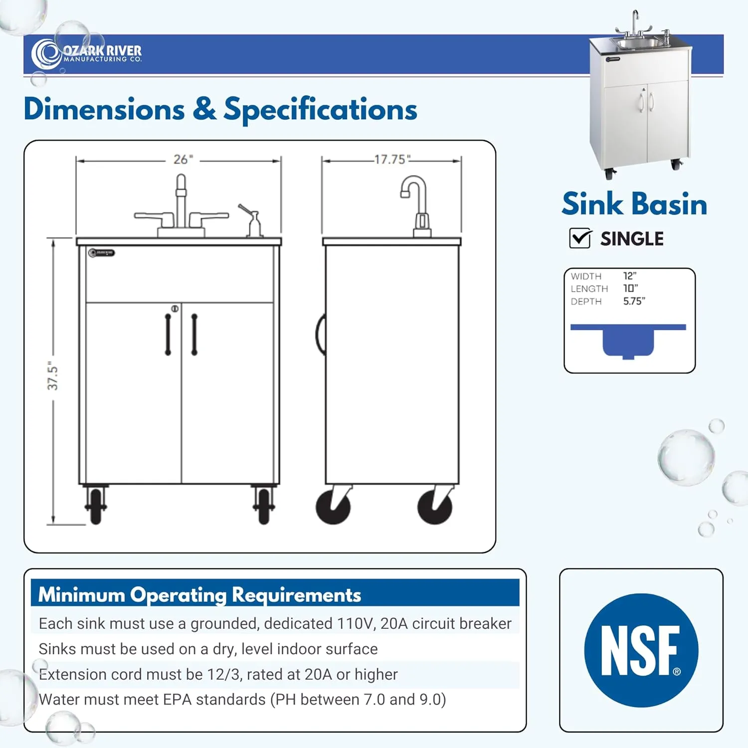 Ozark River Portable Sinks Premier S1, White Laminate/Stainless Sink Basin, Self Contained Sink, Hand Washing Station, Portable Sink with Hot Water, Portable Sink Hand Wash Station