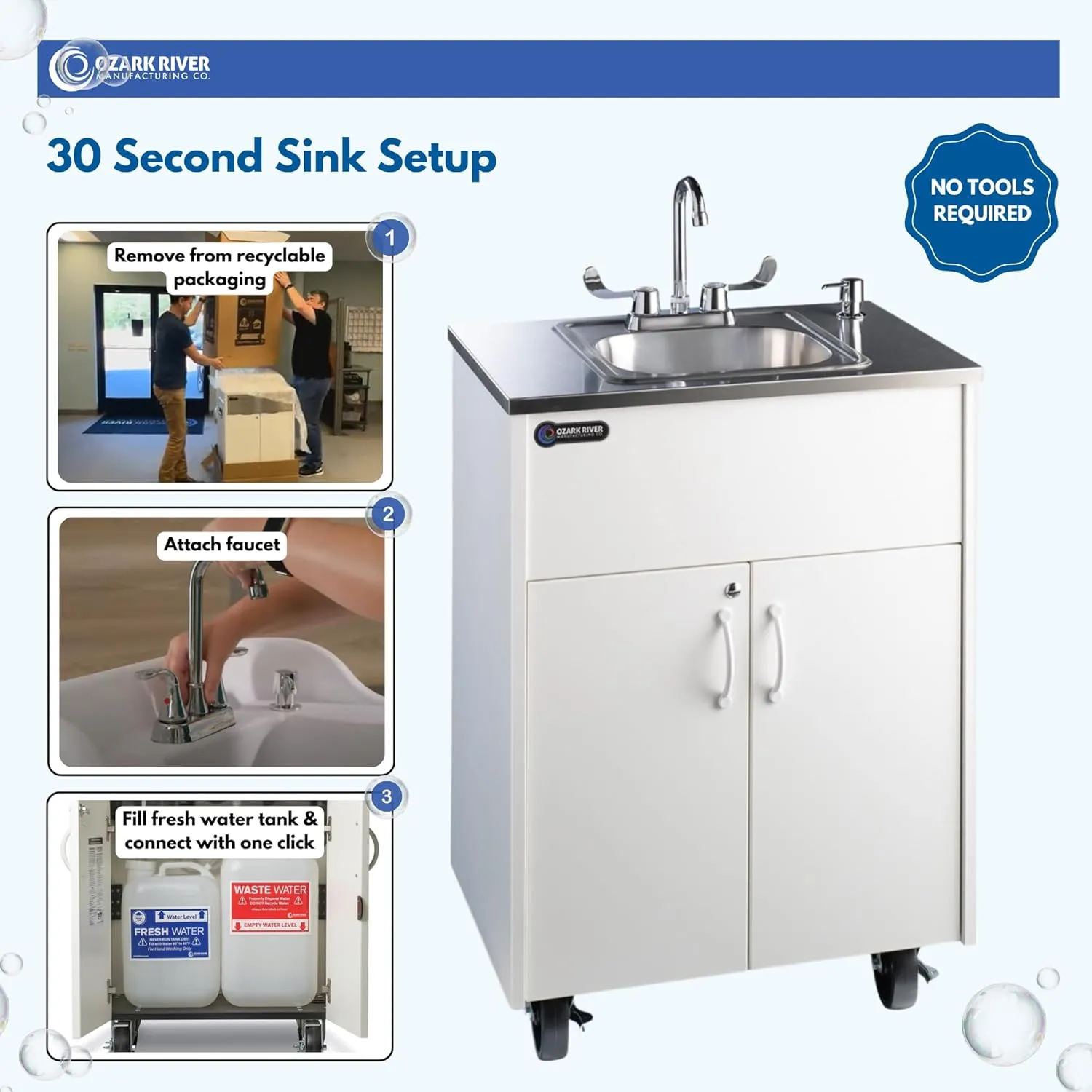 Ozark River Portable Sinks Premier S1, White Laminate/Stainless Sink Basin, Self Contained Sink, Hand Washing Station, Portable Sink with Hot Water, Portable Sink Hand Wash Station