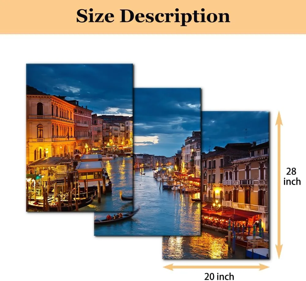 Pacimo 3 Piece Venice Night View Giclee Canvas Prints Wall Art Italy Venice Grand Canal at Night Picture Painting Print on Canvas Poster Modern Artwork Stretch and Framed Ready to Hang - 20"x28"x3