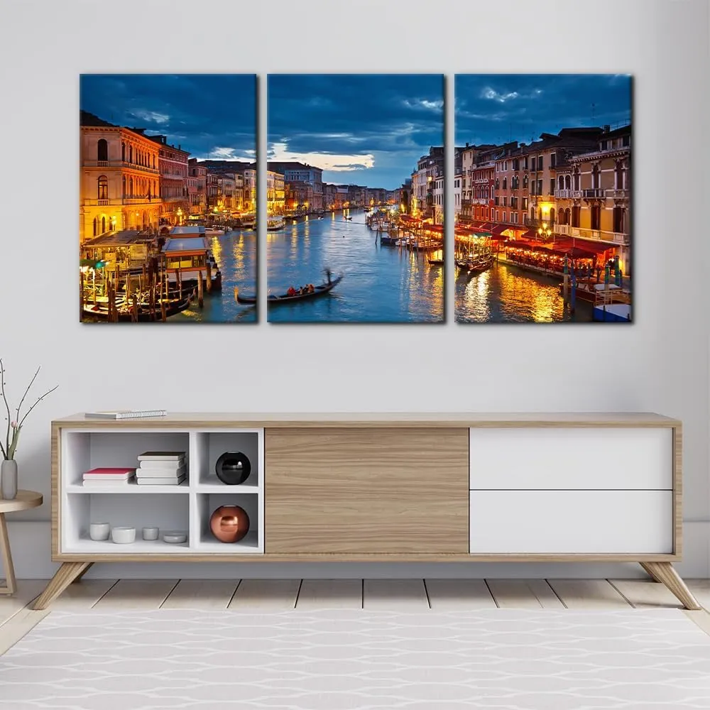 Pacimo 3 Piece Venice Night View Giclee Canvas Prints Wall Art Italy Venice Grand Canal at Night Picture Painting Print on Canvas Poster Modern Artwork Stretch and Framed Ready to Hang - 20"x28"x3