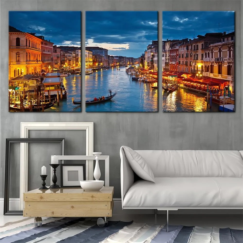 Pacimo 3 Piece Venice Night View Giclee Canvas Prints Wall Art Italy Venice Grand Canal at Night Picture Painting Print on Canvas Poster Modern Artwork Stretch and Framed Ready to Hang - 20"x28"x3