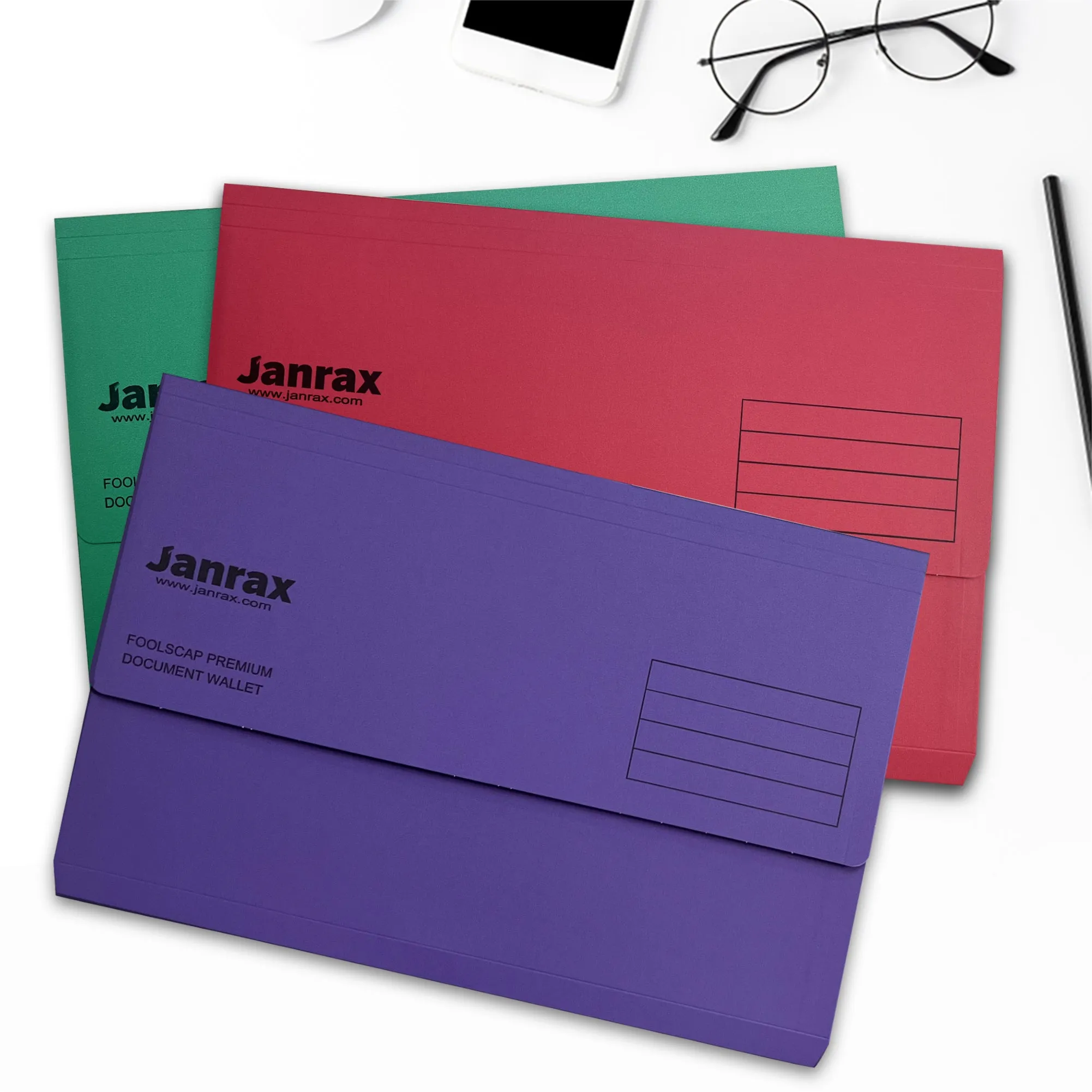Pack of 100 Green Card Premium Foolscap Document Wallets