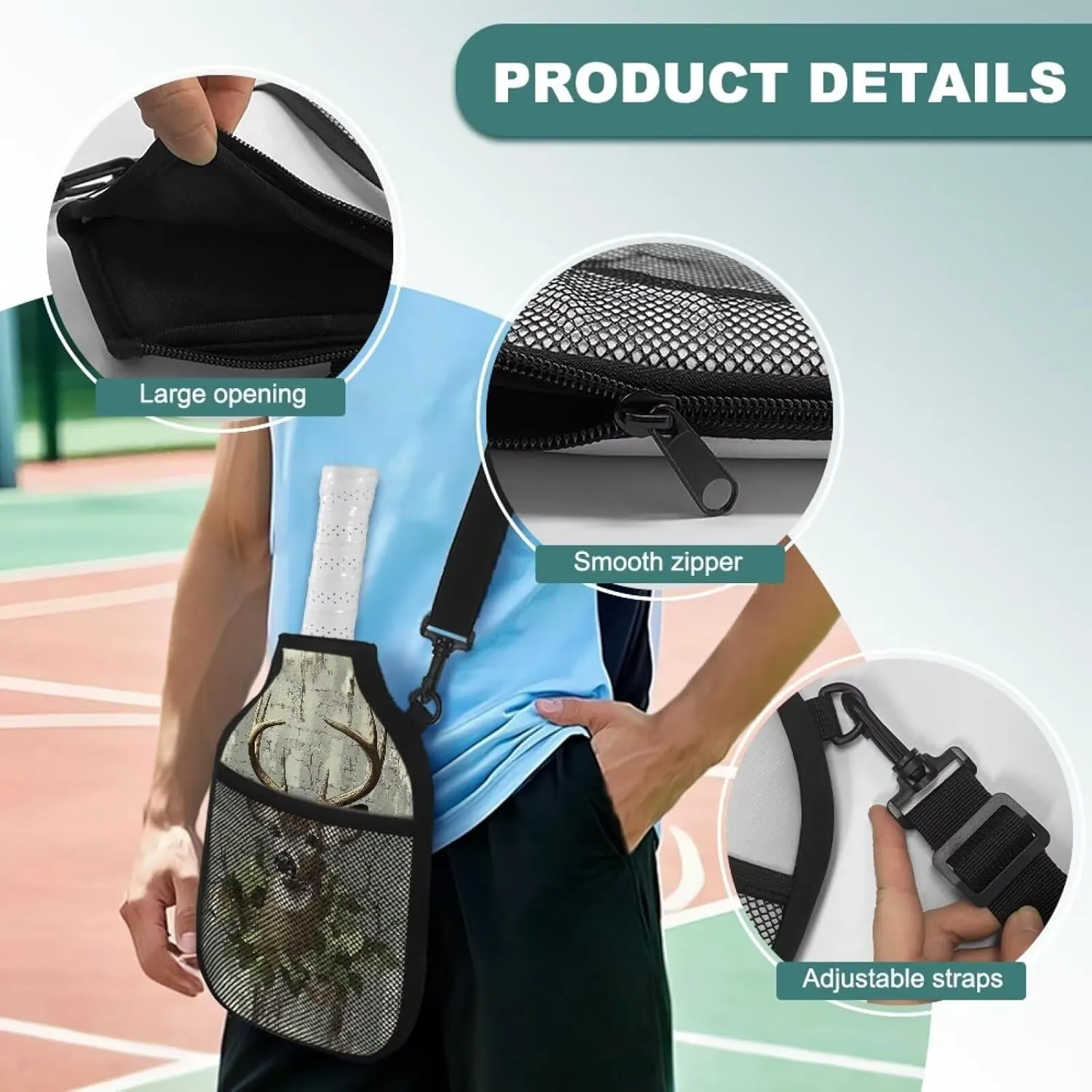 Padded Pickleball Sleeve Quick Access Zipper Adjustable Crossbody Strap Lightweight Case for Practice Training