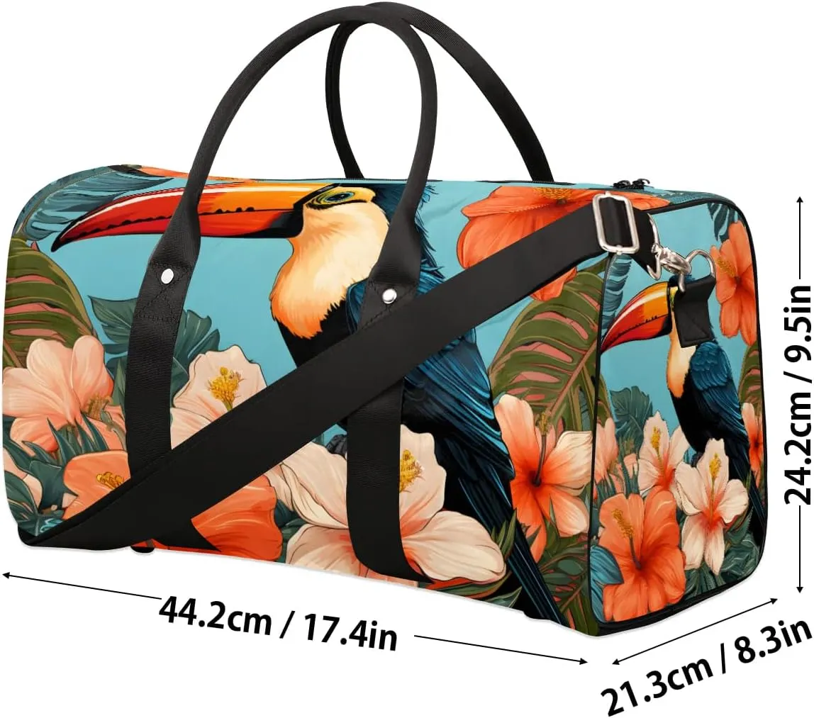 Palm Leaf Toucan Bird Travel Duffel Bag for Women Men Waterproof Foldable Overnight Weekender Bag Large Capacity Sports Gym Bag