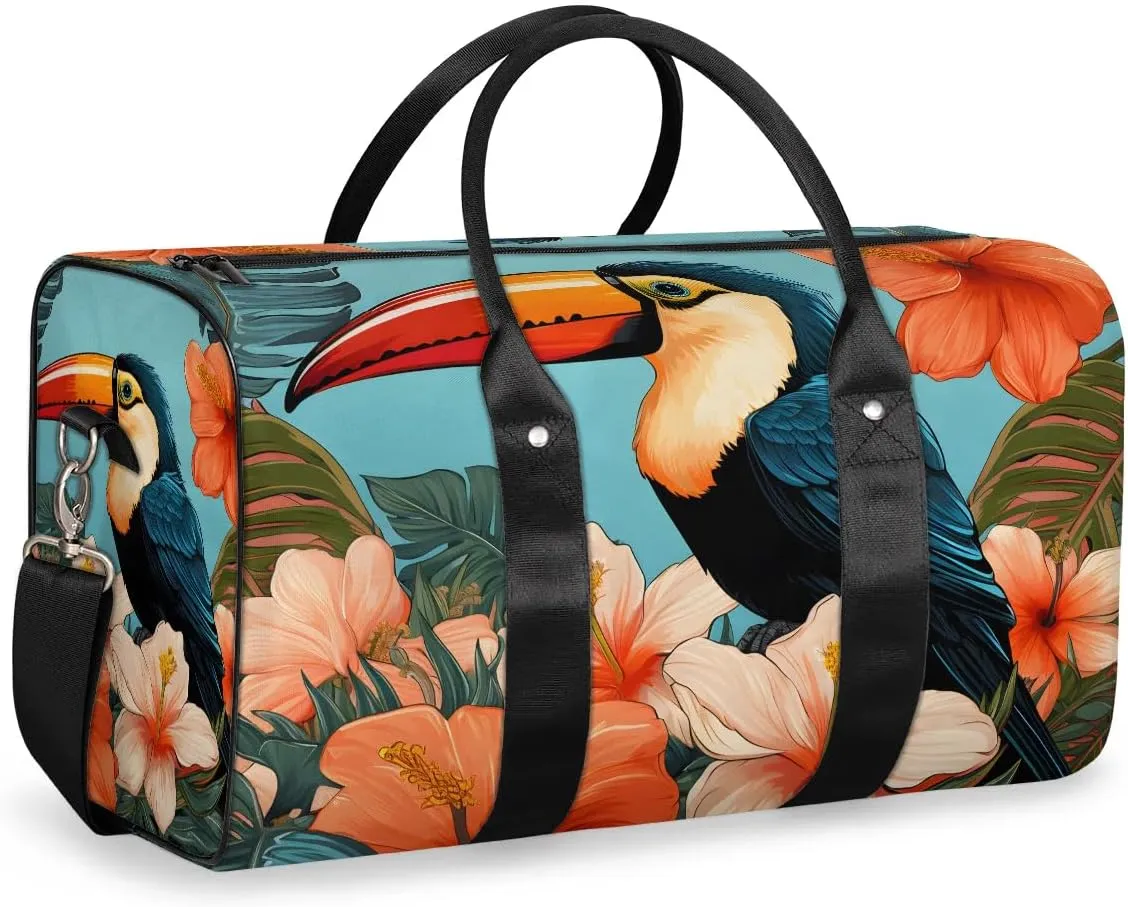 Palm Leaf Toucan Bird Travel Duffel Bag for Women Men Waterproof Foldable Overnight Weekender Bag Large Capacity Sports Gym Bag