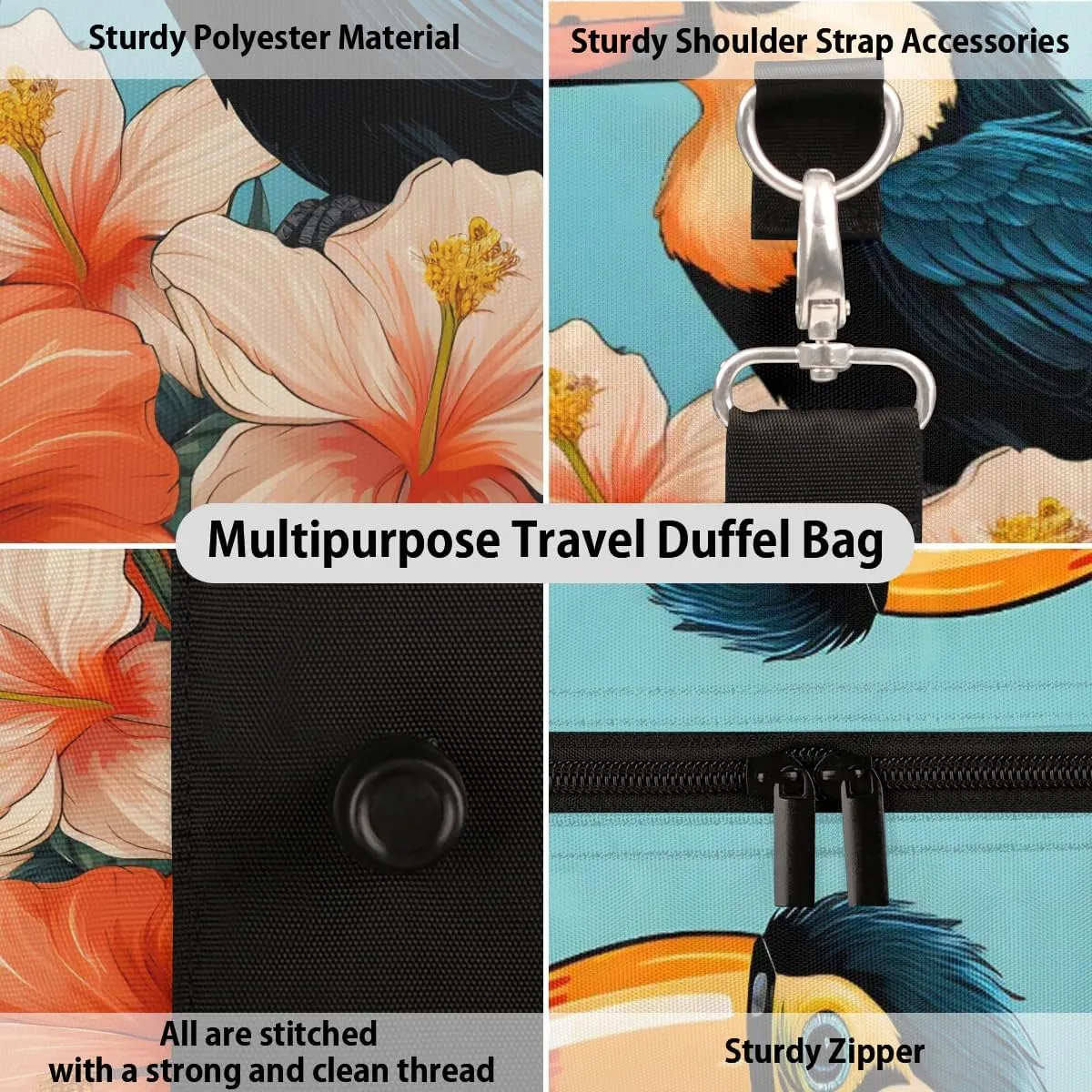 Palm Leaf Toucan Bird Travel Duffel Bag for Women Men Waterproof Foldable Overnight Weekender Bag Large Capacity Sports Gym Bag