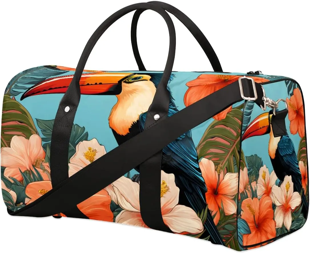 Palm Leaf Toucan Bird Travel Duffel Bag for Women Men Waterproof Foldable Overnight Weekender Bag Large Capacity Sports Gym Bag