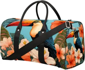 Palm Leaf Toucan Bird Travel Duffel Bag for Women Men Waterproof Foldable Overnight Weekender Bag Large Capacity Sports Gym Bag