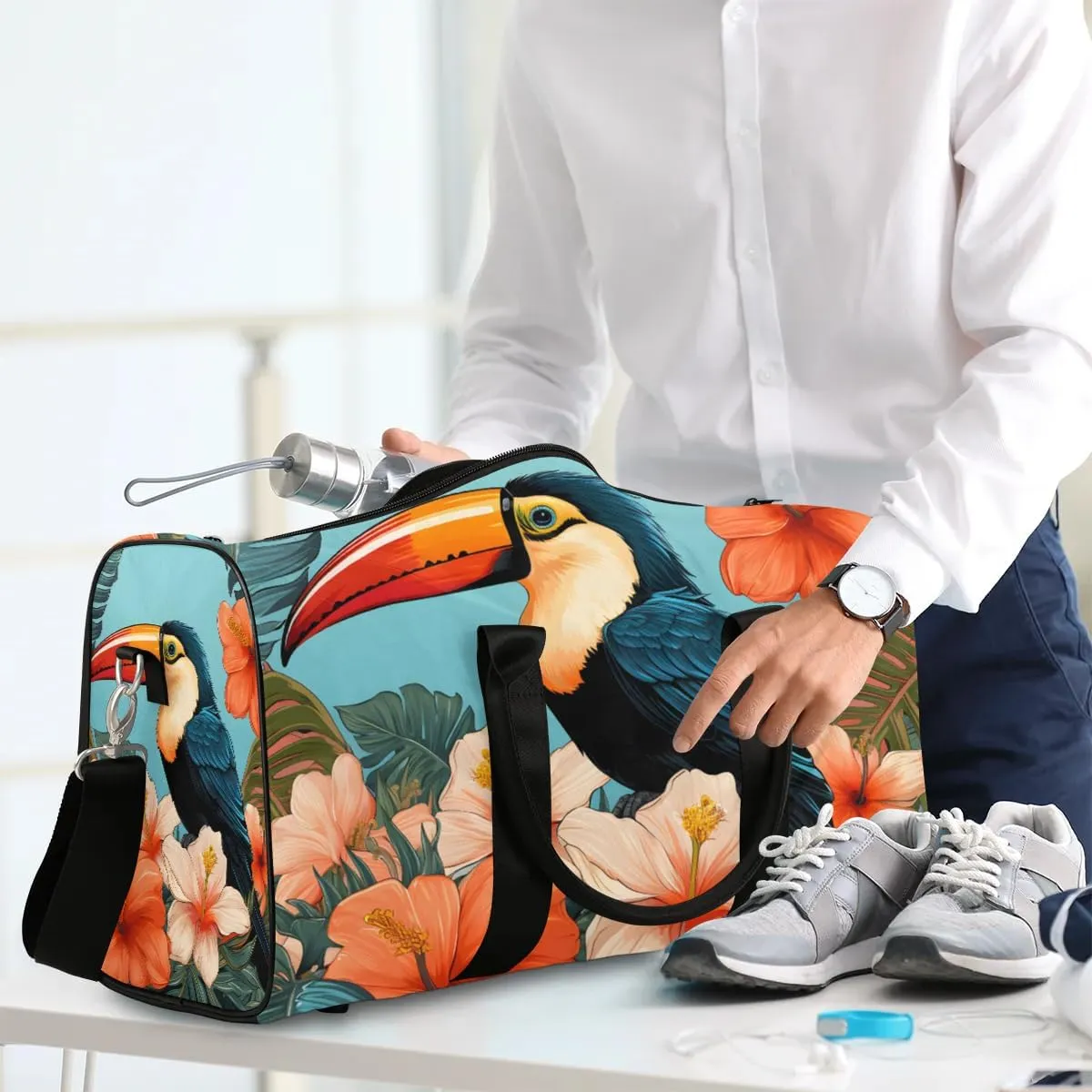 Palm Leaf Toucan Bird Travel Duffel Bag for Women Men Waterproof Foldable Overnight Weekender Bag Large Capacity Sports Gym Bag