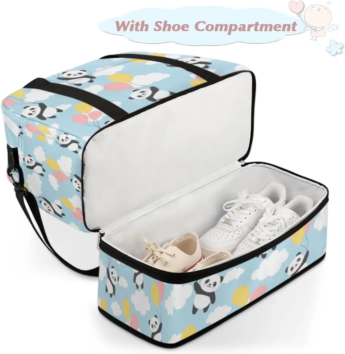 Panda Cloud Print Sports Gym Bag with Shoes Compartment Foldable Travel Duffel Bag Dry Wet Separated Sports Tote Workout Weekender Overnight Bag for Women Yoga Dance Work Training Handbag