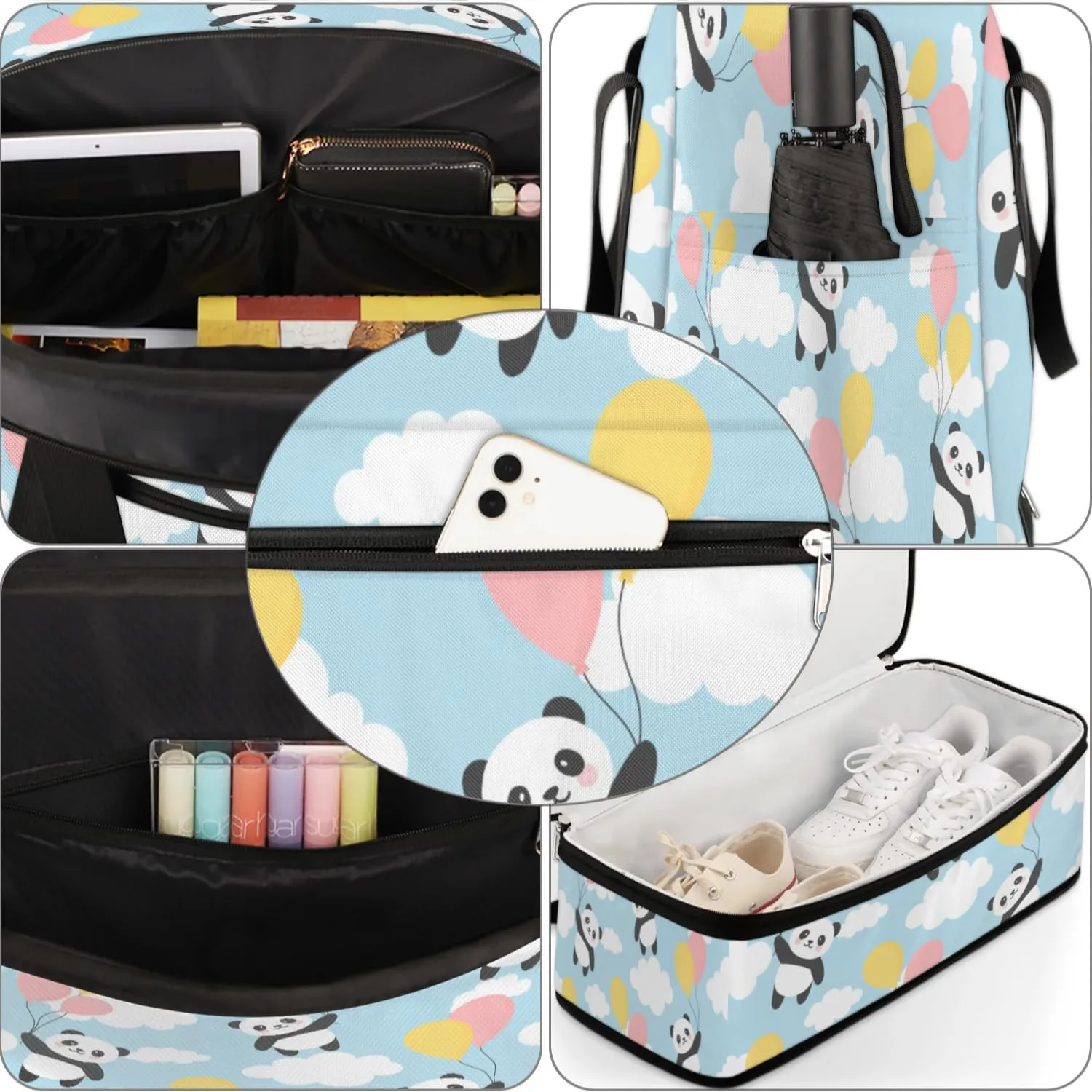 Panda Cloud Print Sports Gym Bag with Shoes Compartment Foldable Travel Duffel Bag Dry Wet Separated Sports Tote Workout Weekender Overnight Bag for Women Yoga Dance Work Training Handbag