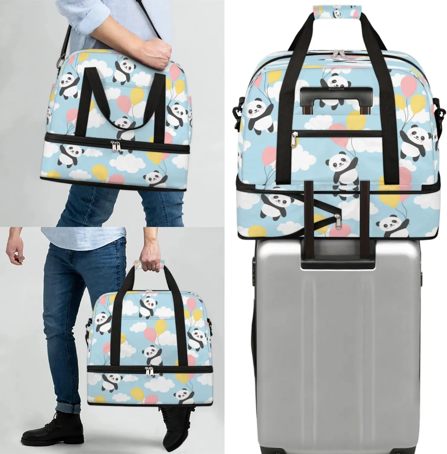 Panda Cloud Print Sports Gym Bag with Shoes Compartment Foldable Travel Duffel Bag Dry Wet Separated Sports Tote Workout Weekender Overnight Bag for Women Yoga Dance Work Training Handbag