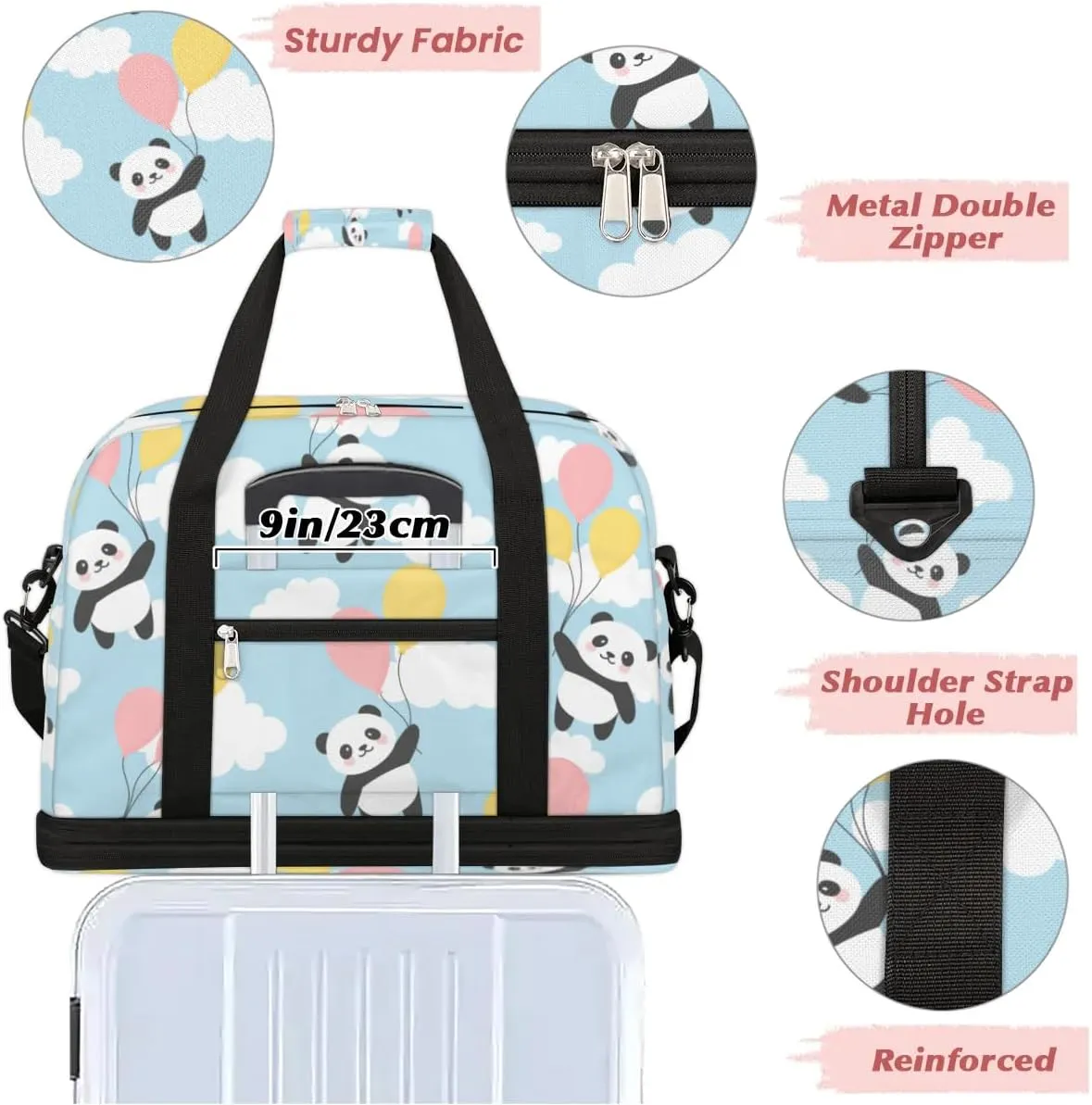 Panda Cloud Print Sports Gym Bag with Shoes Compartment Foldable Travel Duffel Bag Dry Wet Separated Sports Tote Workout Weekender Overnight Bag for Women Yoga Dance Work Training Handbag