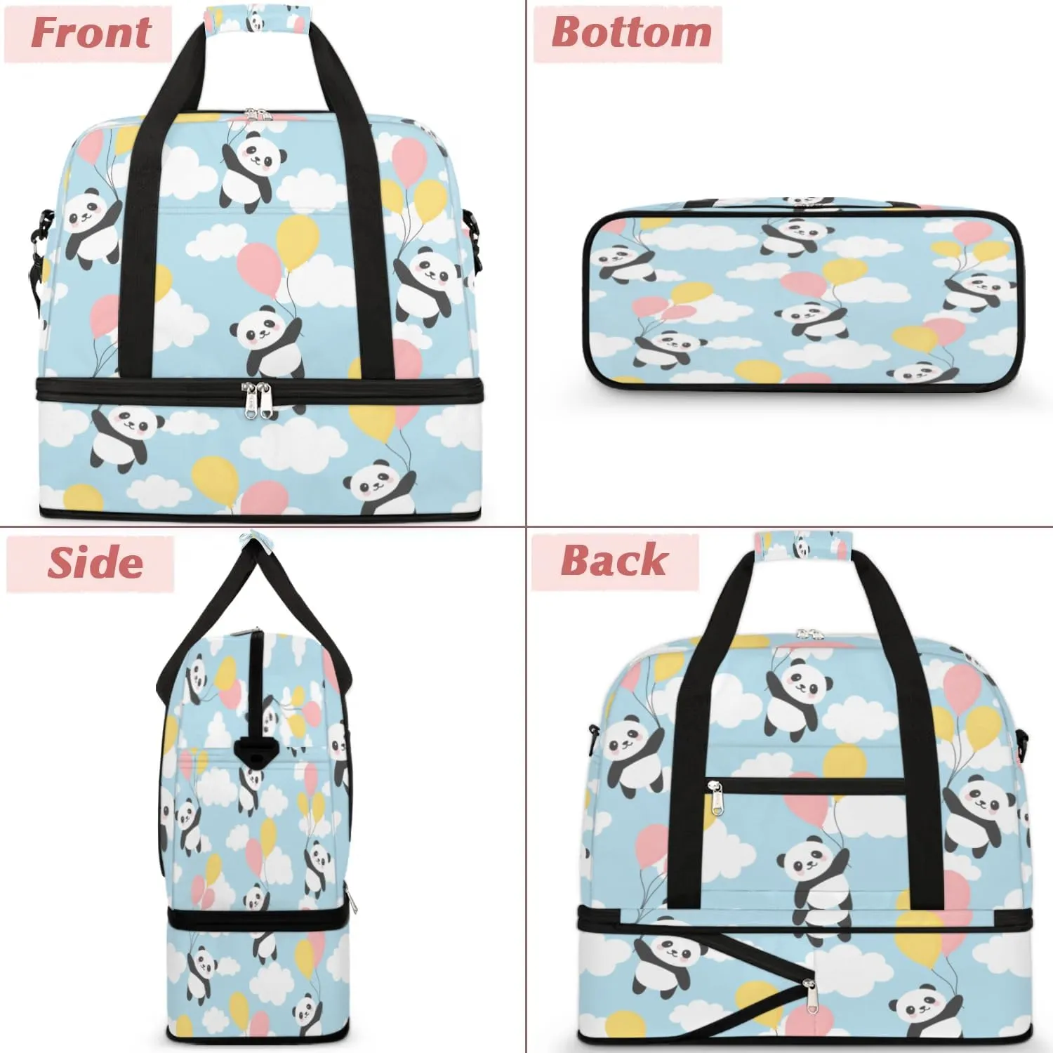 Panda Cloud Print Sports Gym Bag with Shoes Compartment Foldable Travel Duffel Bag Dry Wet Separated Sports Tote Workout Weekender Overnight Bag for Women Yoga Dance Work Training Handbag