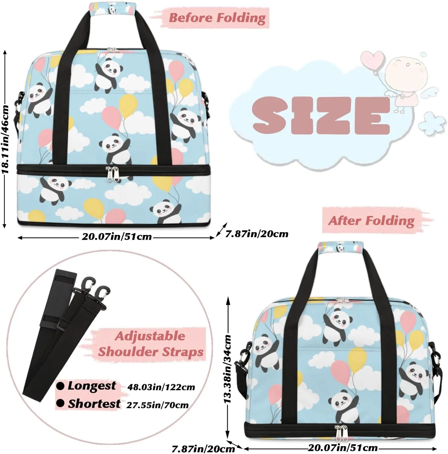 Panda Cloud Print Sports Gym Bag with Shoes Compartment Foldable Travel Duffel Bag Dry Wet Separated Sports Tote Workout Weekender Overnight Bag for Women Yoga Dance Work Training Handbag