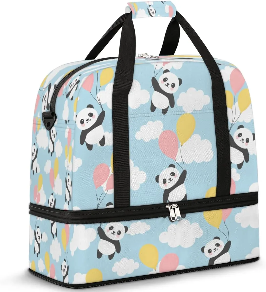 Panda Cloud Print Sports Gym Bag with Shoes Compartment Foldable Travel Duffel Bag Dry Wet Separated Sports Tote Workout Weekender Overnight Bag for Women Yoga Dance Work Training Handbag