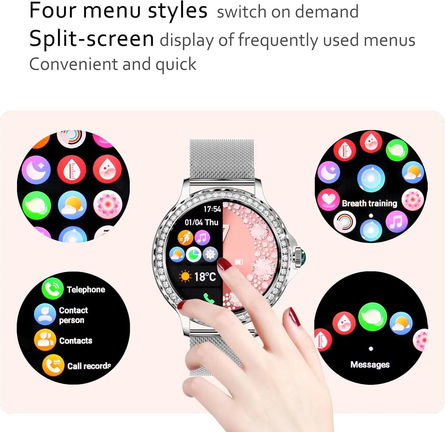 Pard 1.3 Inch Women Smart Watch with Sleep Detection, Heart Rate Blood Pressure for iOS Android Devices, Silver
