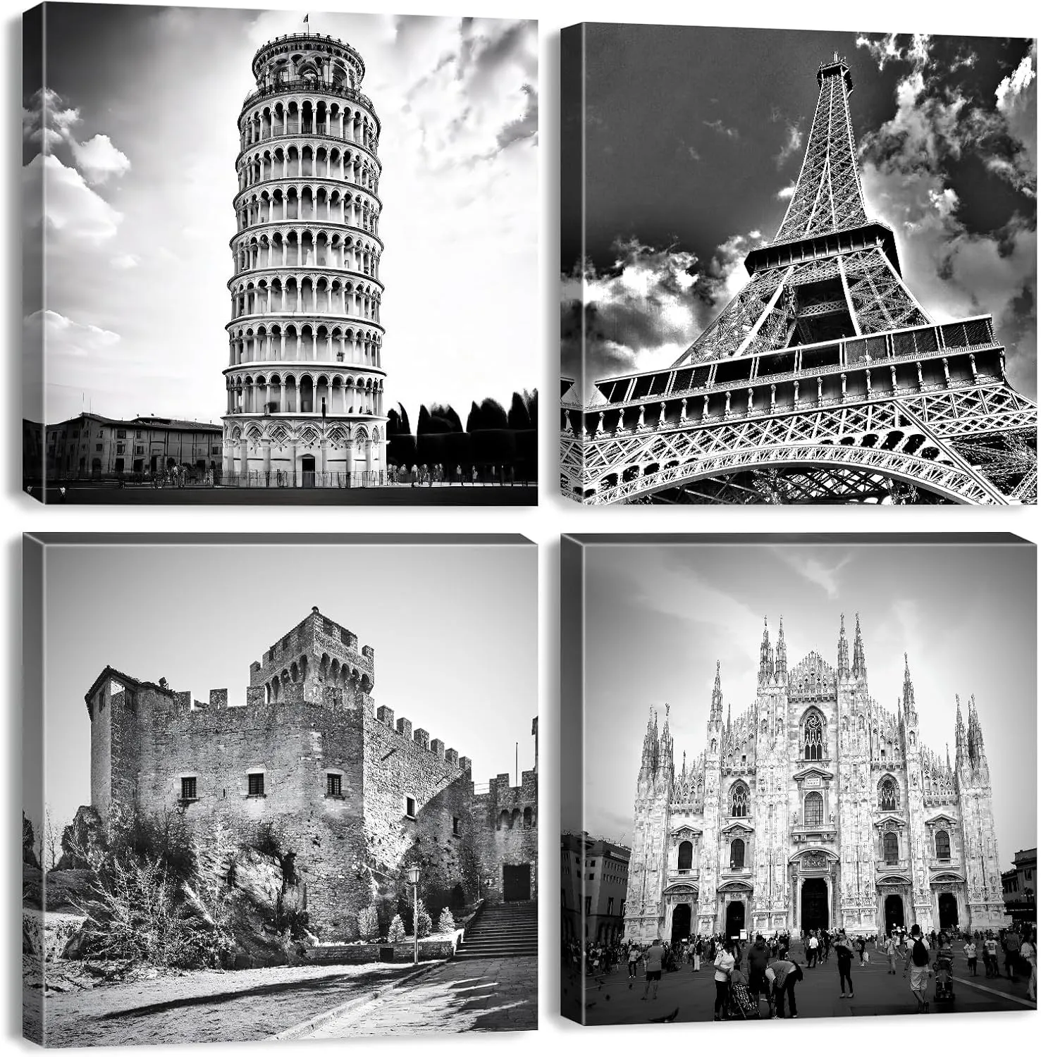 Paris Wall Art Black and White Eiffel Tower Wall Decor Italian City Landscape Travel Posters Milan Cathedral Canvas Photo Prints Europe Architectures Paintings Living Room Home Decoration 12x12" 4Pcs