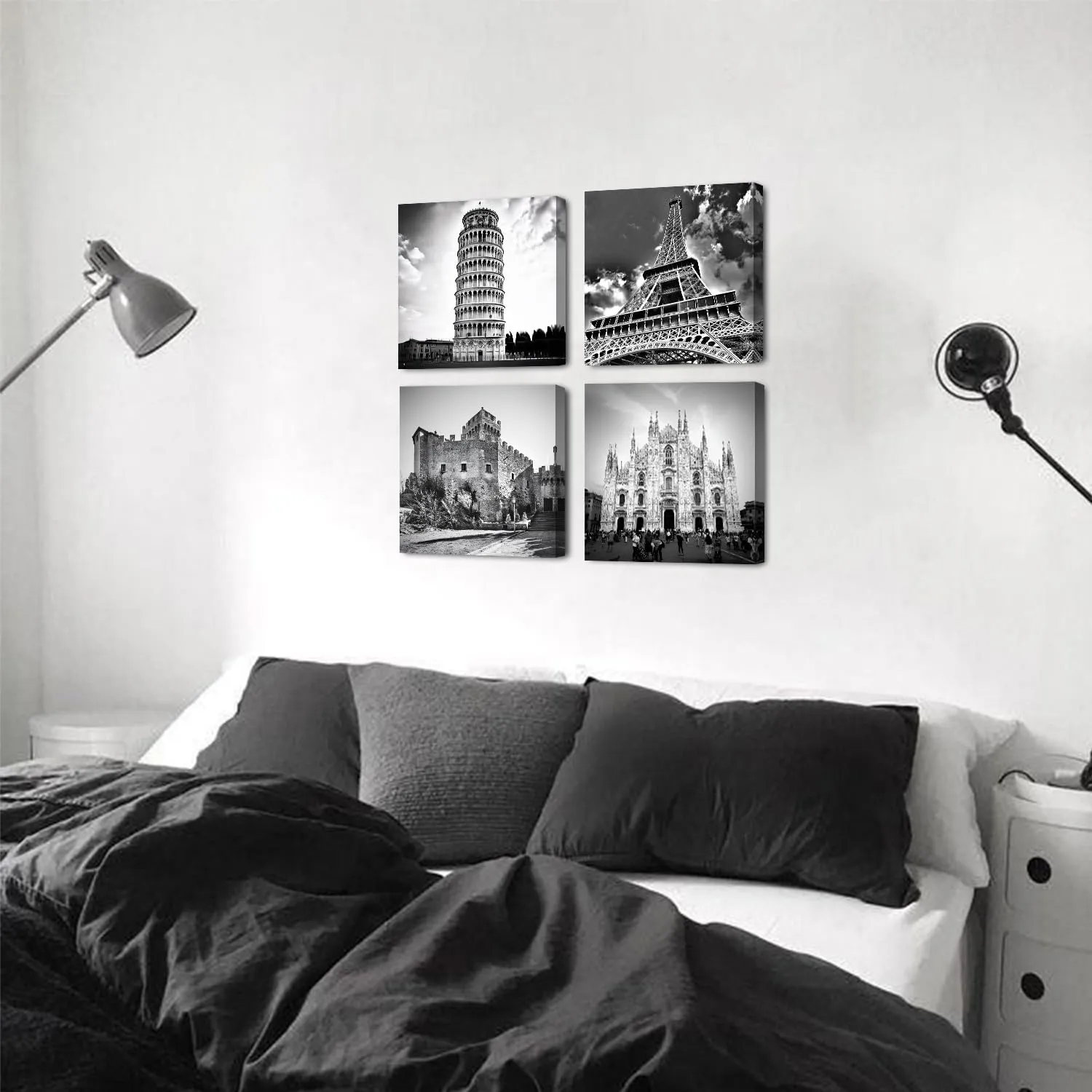 Paris Wall Art Black and White Eiffel Tower Wall Decor Italian City Landscape Travel Posters Milan Cathedral Canvas Photo Prints Europe Architectures Paintings Living Room Home Decoration 12x12" 4Pcs