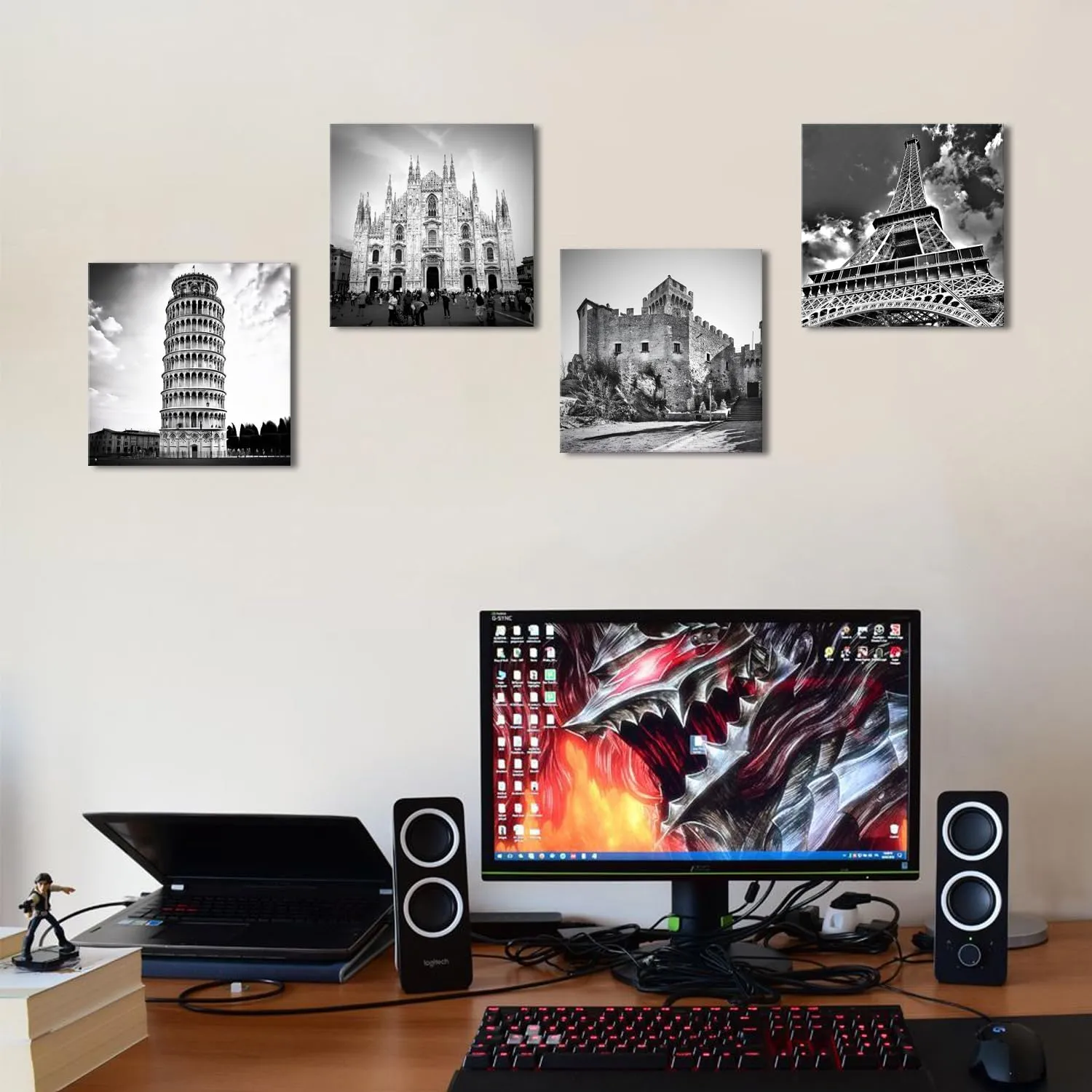 Paris Wall Art Black and White Eiffel Tower Wall Decor Italian City Landscape Travel Posters Milan Cathedral Canvas Photo Prints Europe Architectures Paintings Living Room Home Decoration 12x12" 4Pcs