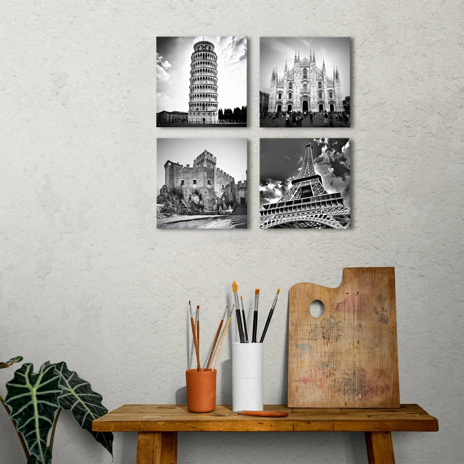 Paris Wall Art Black and White Eiffel Tower Wall Decor Italian City Landscape Travel Posters Milan Cathedral Canvas Photo Prints Europe Architectures Paintings Living Room Home Decoration 12x12" 4Pcs