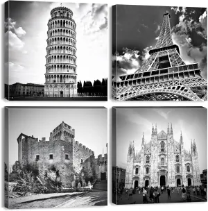 Paris Wall Art Black and White Eiffel Tower Wall Decor Italian City Landscape Travel Posters Milan Cathedral Canvas Photo Prints Europe Architectures Paintings Living Room Home Decoration 12x12" 4Pcs