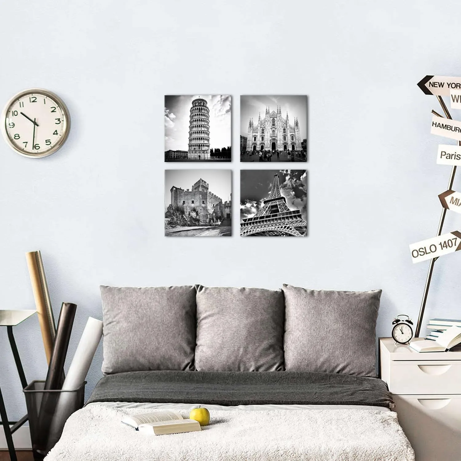 Paris Wall Art Black and White Eiffel Tower Wall Decor Italian City Landscape Travel Posters Milan Cathedral Canvas Photo Prints Europe Architectures Paintings Living Room Home Decoration 12x12" 4Pcs