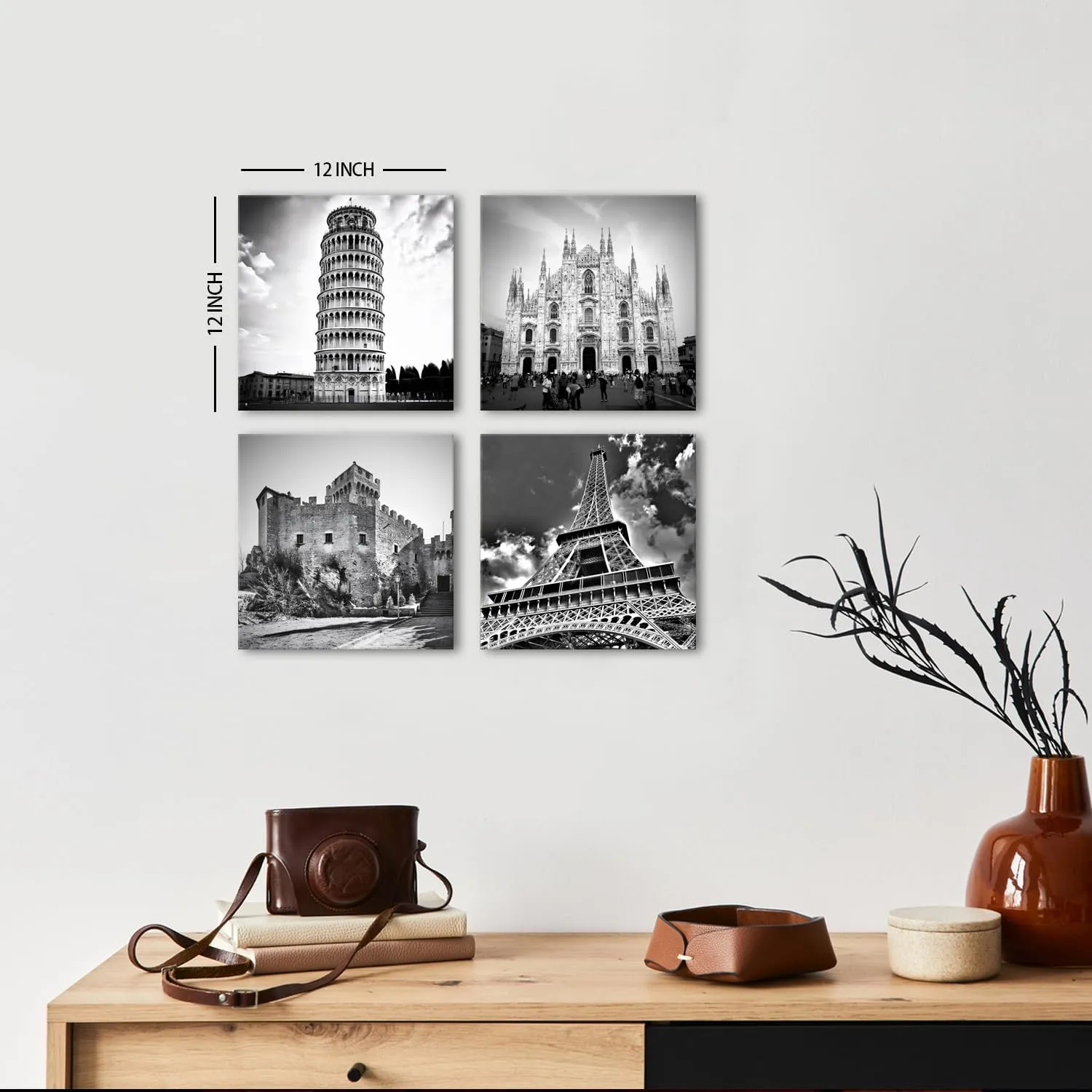 Paris Wall Art Black and White Eiffel Tower Wall Decor Italian City Landscape Travel Posters Milan Cathedral Canvas Photo Prints Europe Architectures Paintings Living Room Home Decoration 12x12" 4Pcs
