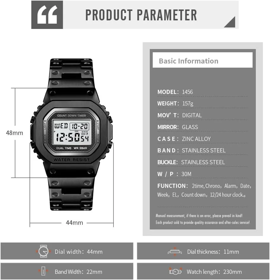 PASOY Men's Digital Multi-Function Watches Stainless Steel Square Case Dual Time Alarm Stopwatch Countdown Backlight Waterproof Watch