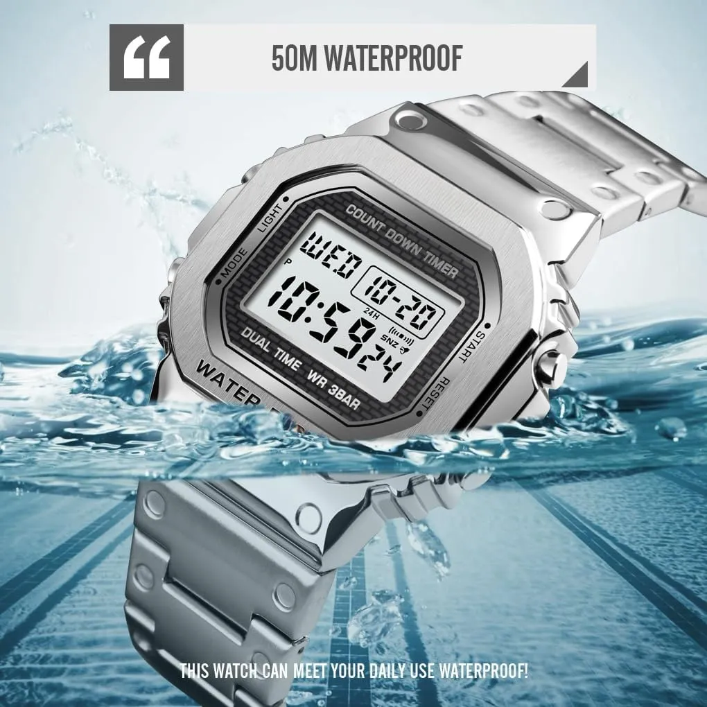 PASOY Men's Digital Multi-Function Watches Stainless Steel Square Case Dual Time Alarm Stopwatch Countdown Backlight Waterproof Watch
