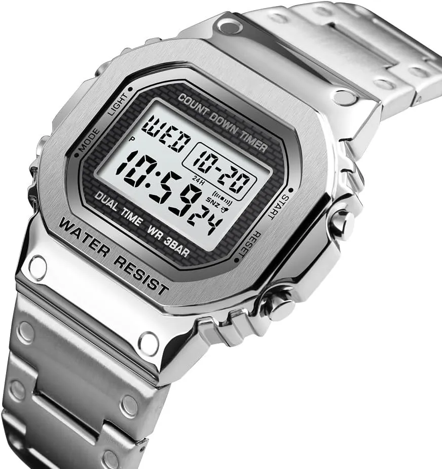 PASOY Men's Digital Multi-Function Watches Stainless Steel Square Case Dual Time Alarm Stopwatch Countdown Backlight Waterproof Watch