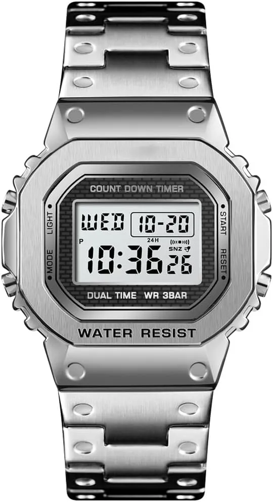 PASOY Men's Digital Multi-Function Watches Stainless Steel Square Case Dual Time Alarm Stopwatch Countdown Backlight Waterproof Watch