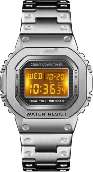 PASOY Men's Digital Multi-Function Watches Stainless Steel Square Case Dual Time Alarm Stopwatch Countdown Backlight Waterproof Watch