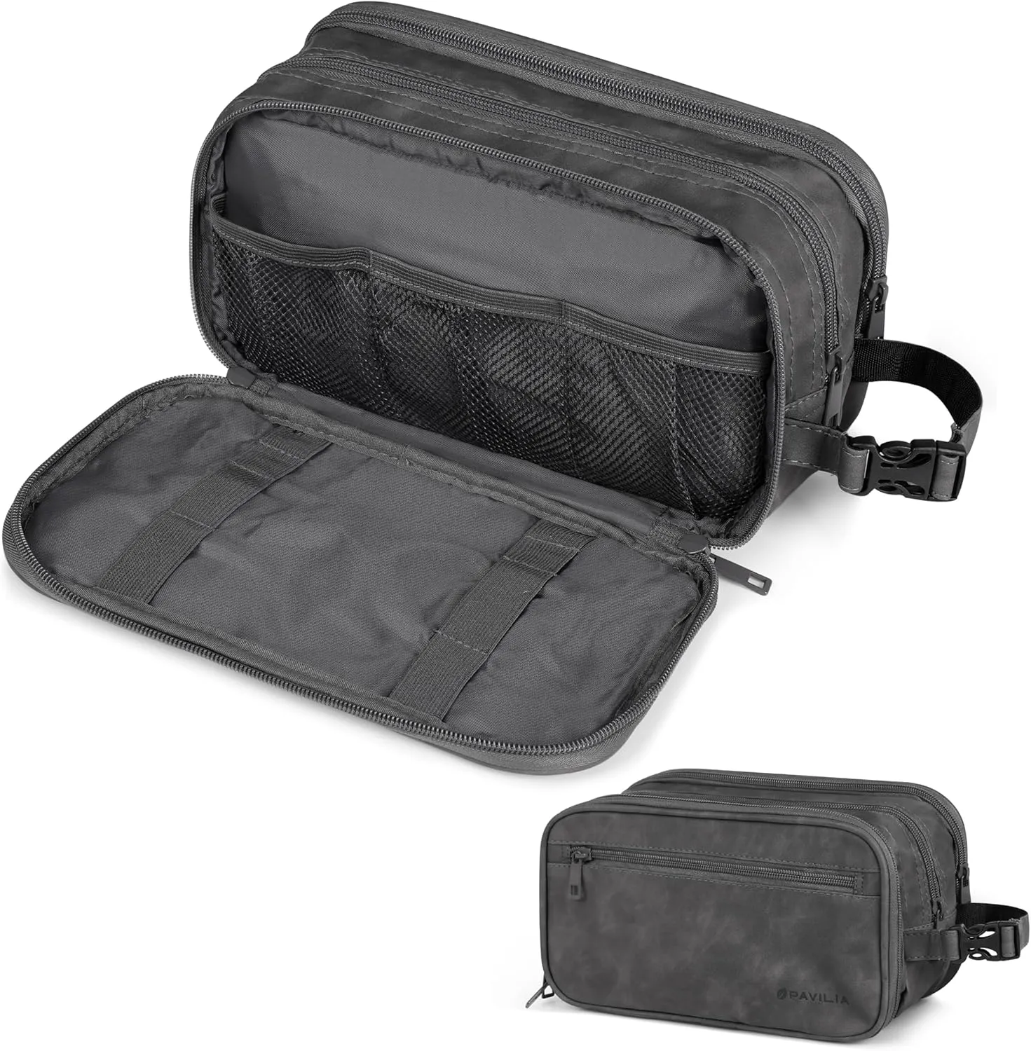 PAVILIA Toiletry Bag for Men, Travel Toiletries Bag | Water-resistant Dopp Kit, PU Leather Shaving Pouch Organizer for Accessories, Cosmetic, Hygiene, Grooming Essentials (Black)