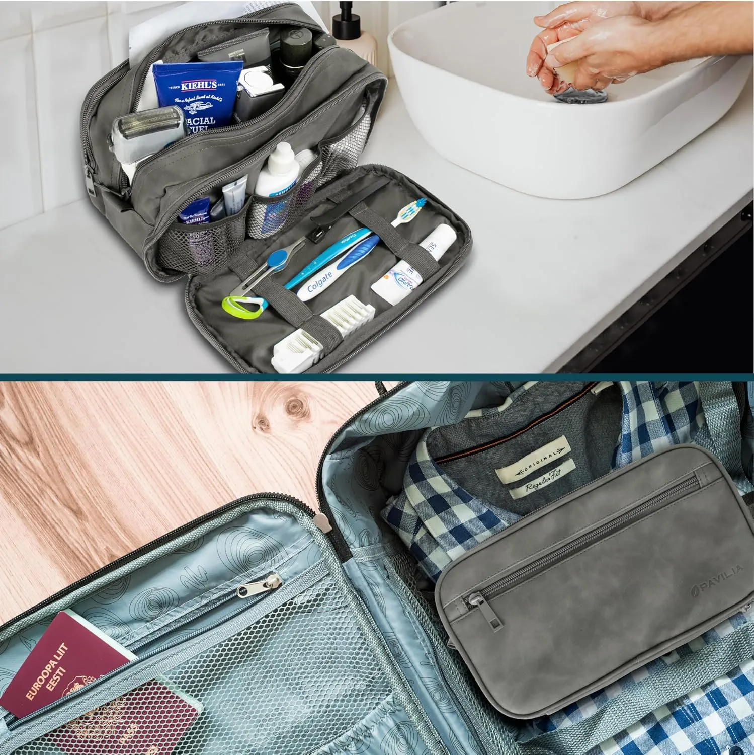 PAVILIA Toiletry Bag for Men, Travel Toiletries Bag | Water-resistant Dopp Kit, PU Leather Shaving Pouch Organizer for Accessories, Cosmetic, Hygiene, Grooming Essentials (Black)