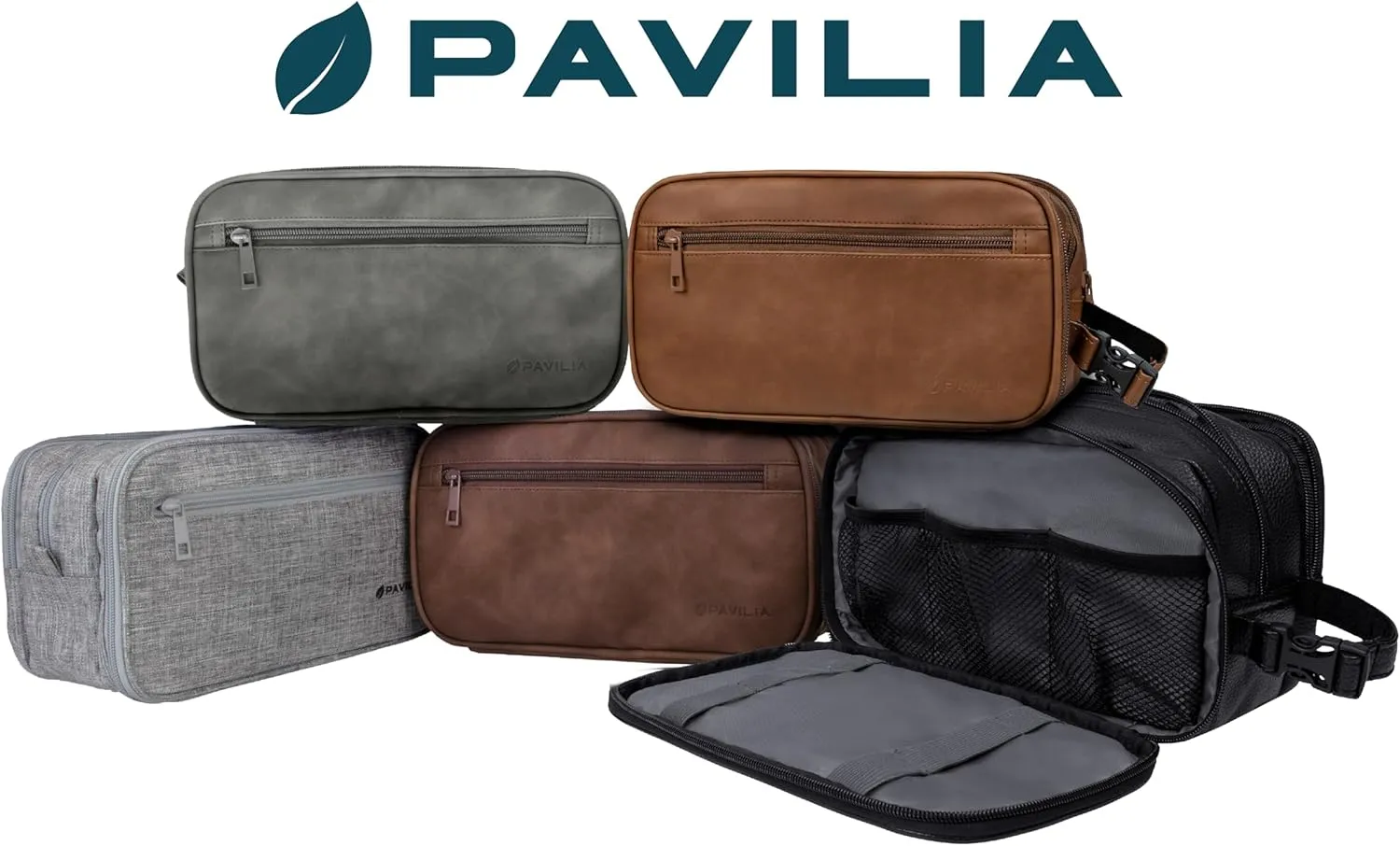 PAVILIA Toiletry Bag for Men, Travel Toiletries Bag | Water-resistant Dopp Kit, PU Leather Shaving Pouch Organizer for Accessories, Cosmetic, Hygiene, Grooming Essentials (Black)