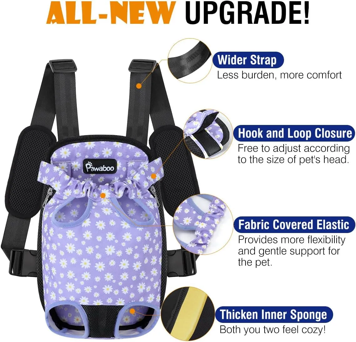 Pawaboo Pet Carrier Backpack, Adjustable Pet Front Cat Dog Carrier Backpack Travel Bag, Legs Out, Easy-Fit for Traveling Hiking Camping for Small Medium Dogs Cats Puppies, Small, Black & Purple Daisy