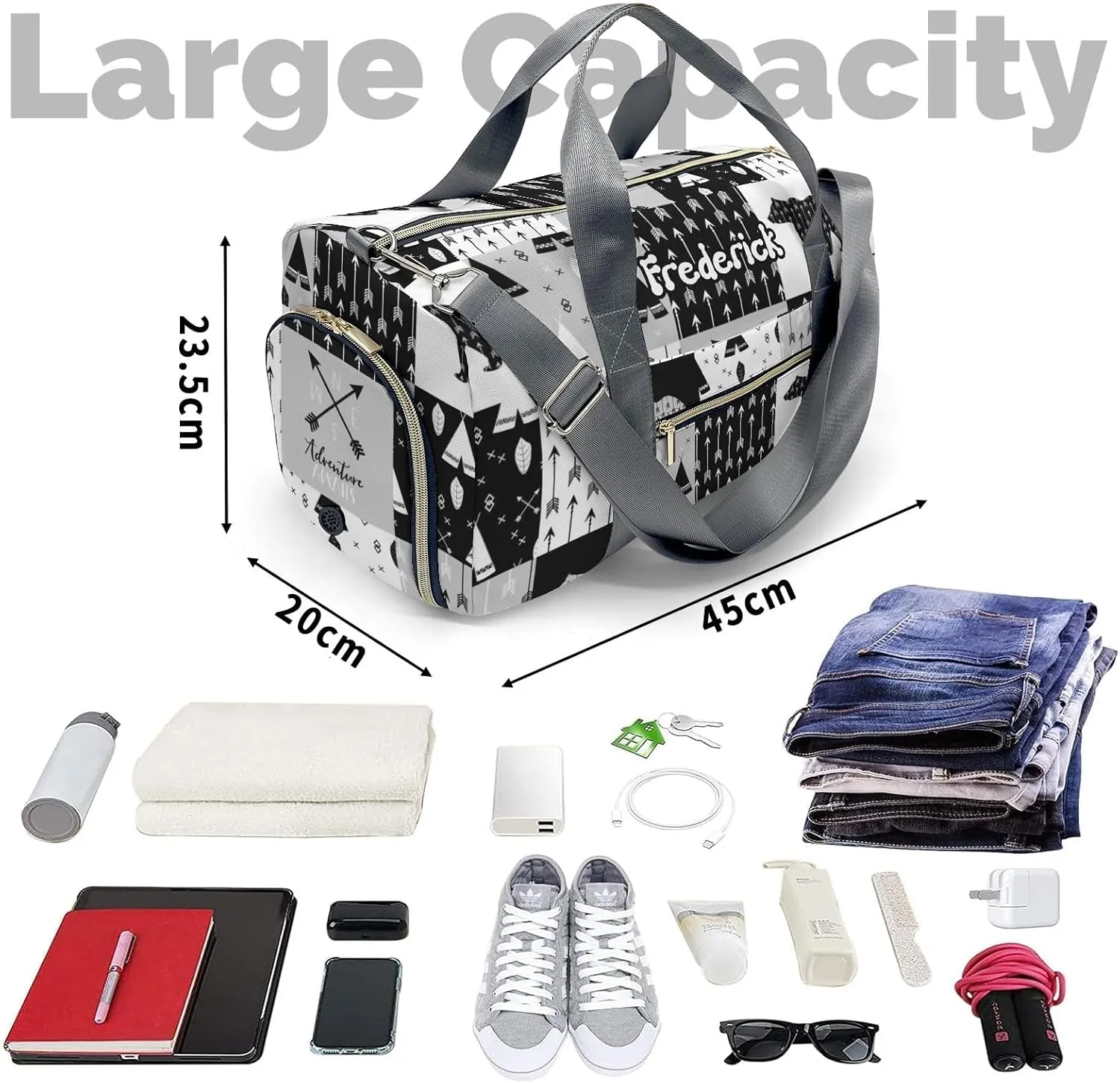 Personalized Adventure Grey Black White Custom Multi-functional Travel Bag, Unisex Portable Duffel Bag, Short Distance Travel Assistant