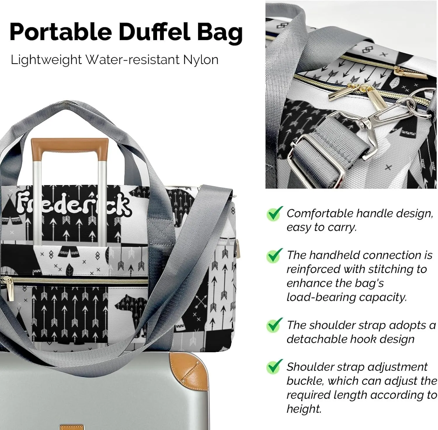 Personalized Adventure Grey Black White Custom Multi-functional Travel Bag, Unisex Portable Duffel Bag, Short Distance Travel Assistant