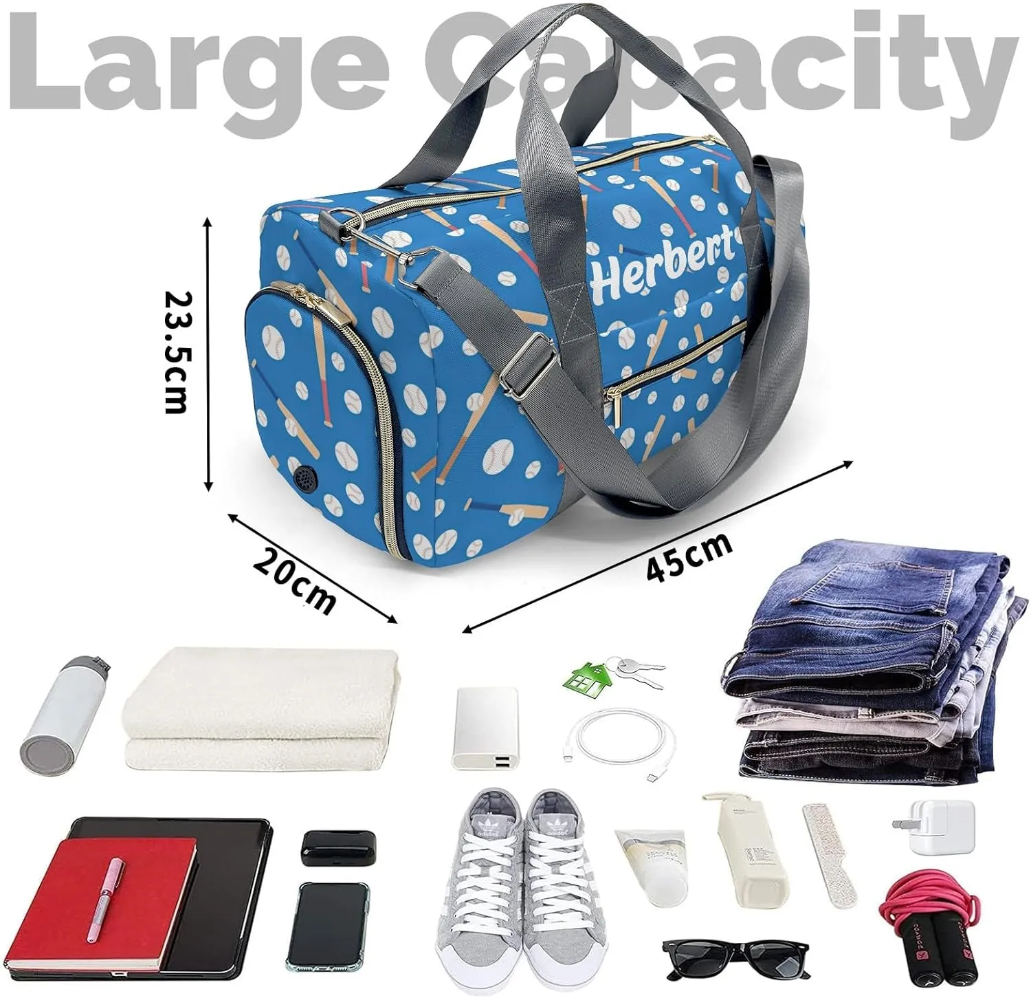 Personalized Baseball Sport Blue Custom Multi-functional Travel Bag, Unisex Portable Duffel Bag, Short Distance Travel Assistant