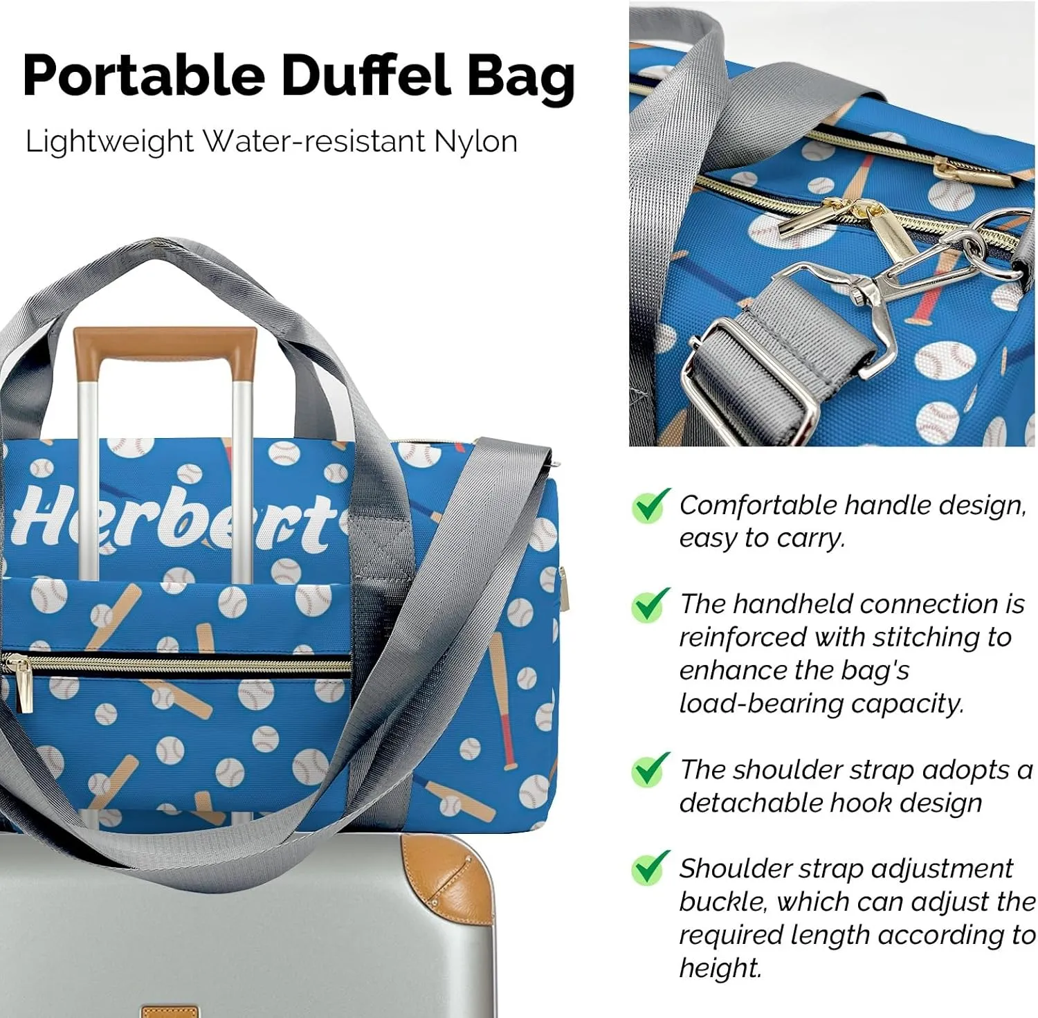 Personalized Baseball Sport Blue Custom Multi-functional Travel Bag, Unisex Portable Duffel Bag, Short Distance Travel Assistant