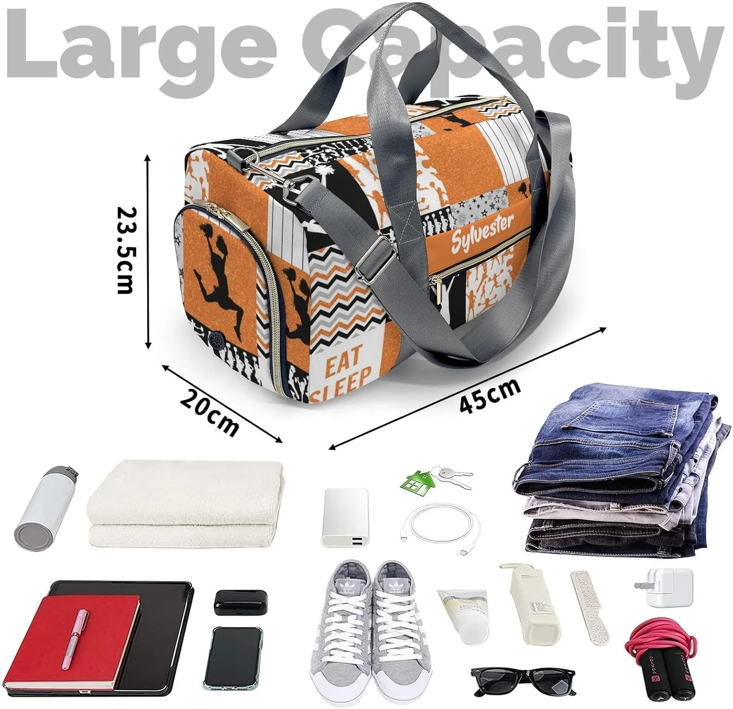 Personalized Cheerleader Glitter Orange Custom Multi-functional Travel Bag, Unisex Portable Duffel Bag, Short Distance Travel Assistant